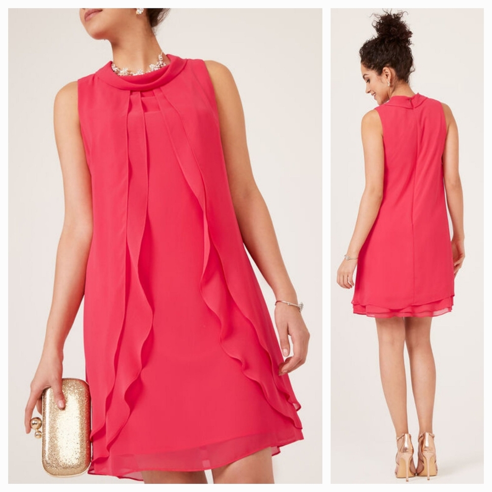 SLNY Missy Cerise Chiffon Shift Ruffle Overlay Cocktail Party Dress NWT. Size 4